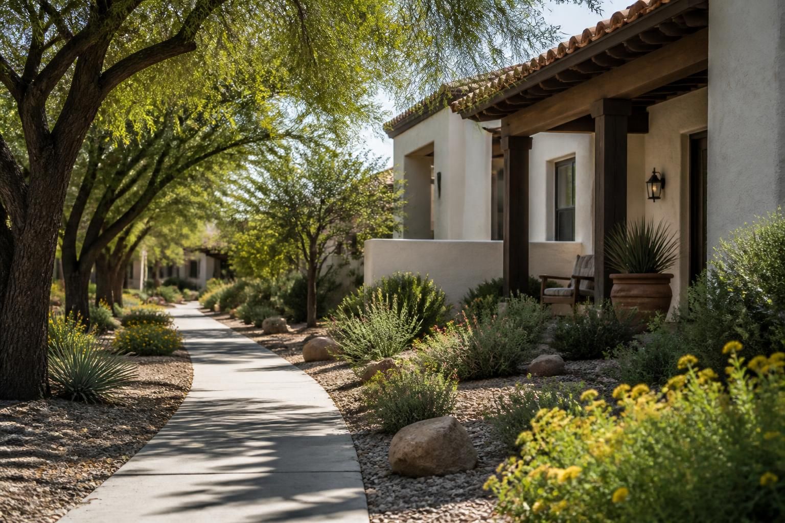 Tree-lined neighborhood with maintained landscaping in Bernalillo